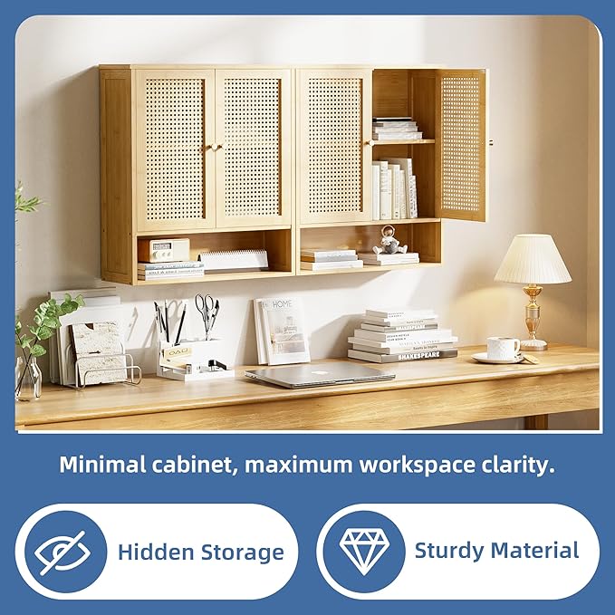 HITNET Bathroom Cabinet Wall Mounted, Rattan Medicine Cabinet, Bamboo Hanging Storage Organizer Over The Toilet with Adjustable Shelf for Living Room, Kitchen, Entryway (Natural)