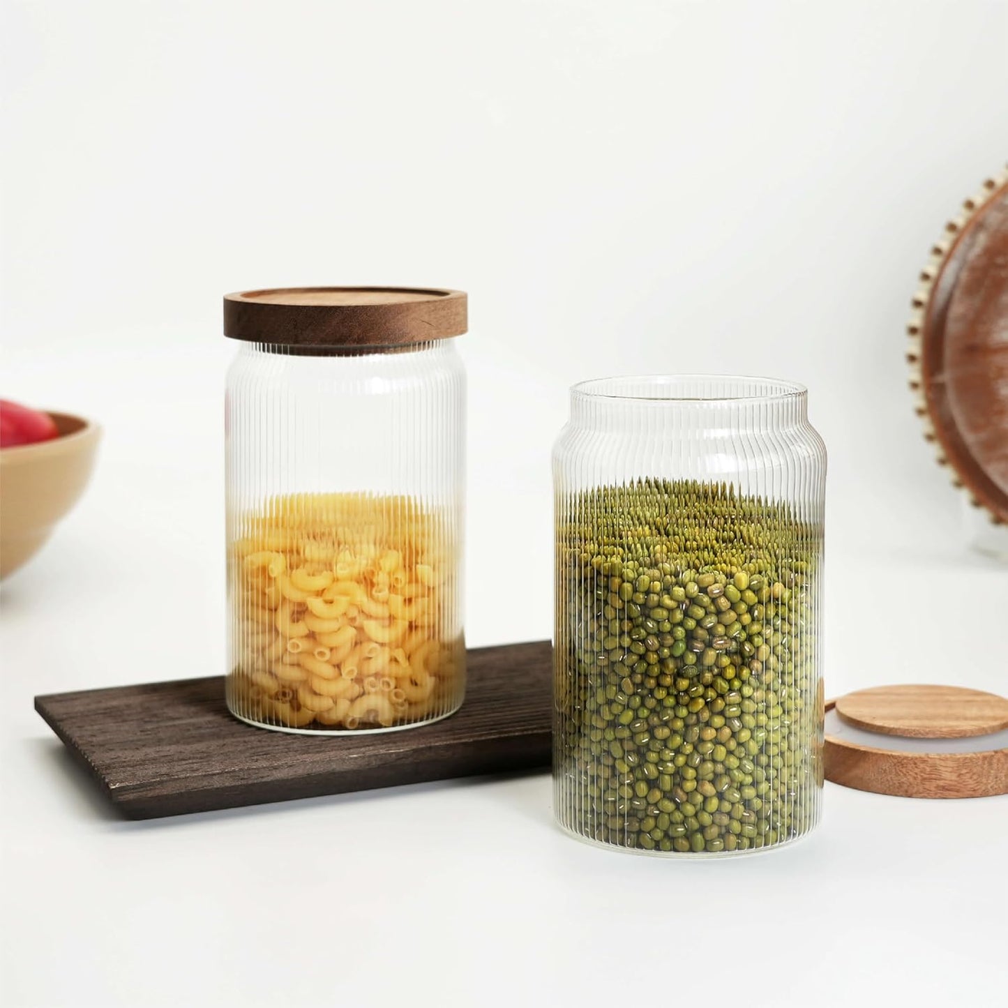 Ribbed Glass Storage Jars Set of 2 – Airtight Food Canisters with Wooden Lids, Stackable Kitchen Organizers for Coffee, Tea, Spices & Dry Goods (18.6oz)
