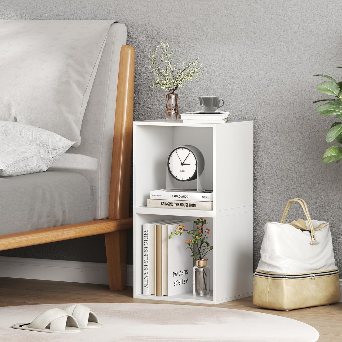 Stackable Cube Bookshelf, Modular Cubby Storage Organizer, Small Bookcase for Small Spaces, Combination Cubical Shelf, Wooden Display Shelving Unit (White, 2-Cube)