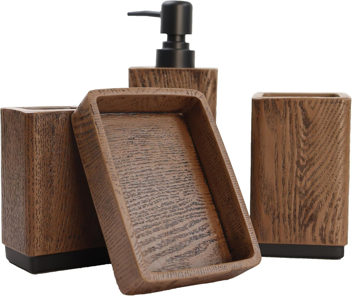 Hymmah Wood Grain Design Bathroom Accessories Set,Farmhouse Bathroom Decor,4 Pcs Resin Gift Set Apartment Necessities, Contain Cotton Swab Jar,Soap Dispenser,Tumbler，Soap Dish/Tray
