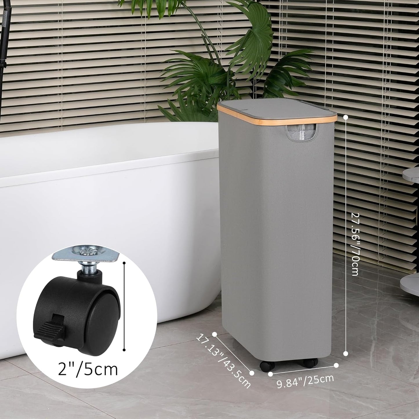 75L Slim Laundry Hamper with Wheels,Clothes Hamper for Laundry,Laundry Basket with Lid & Inner Bag,for Laundry Room, Bedroom, Dormitory Organization,Grey