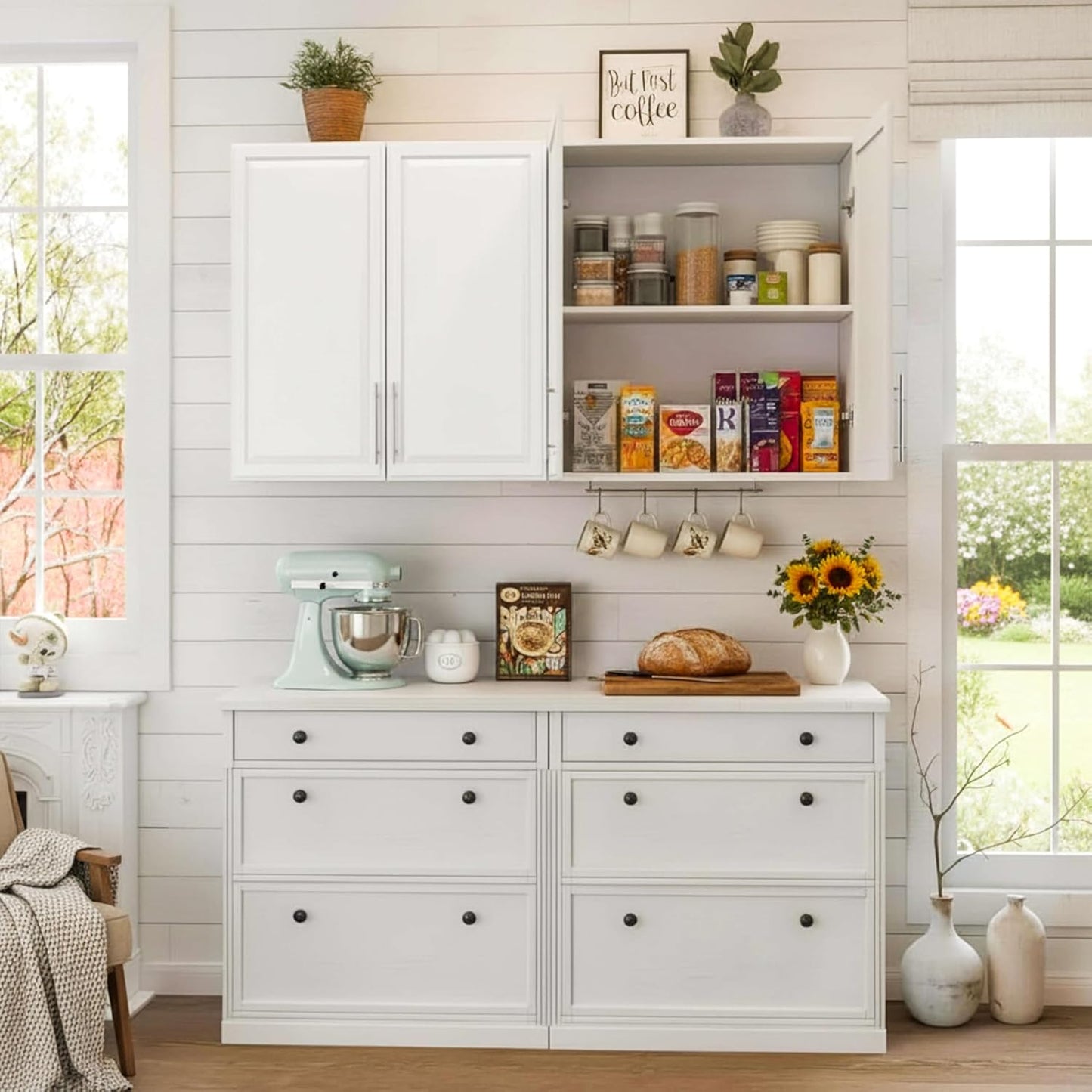 60" W Laundry Room Wall Cabinet with Adjustable Shelf,Wall Mounted Kitchen Cabinets with Two Shaker Doors,Upper Storage for Laundry Room, Bathroom, Kitchen