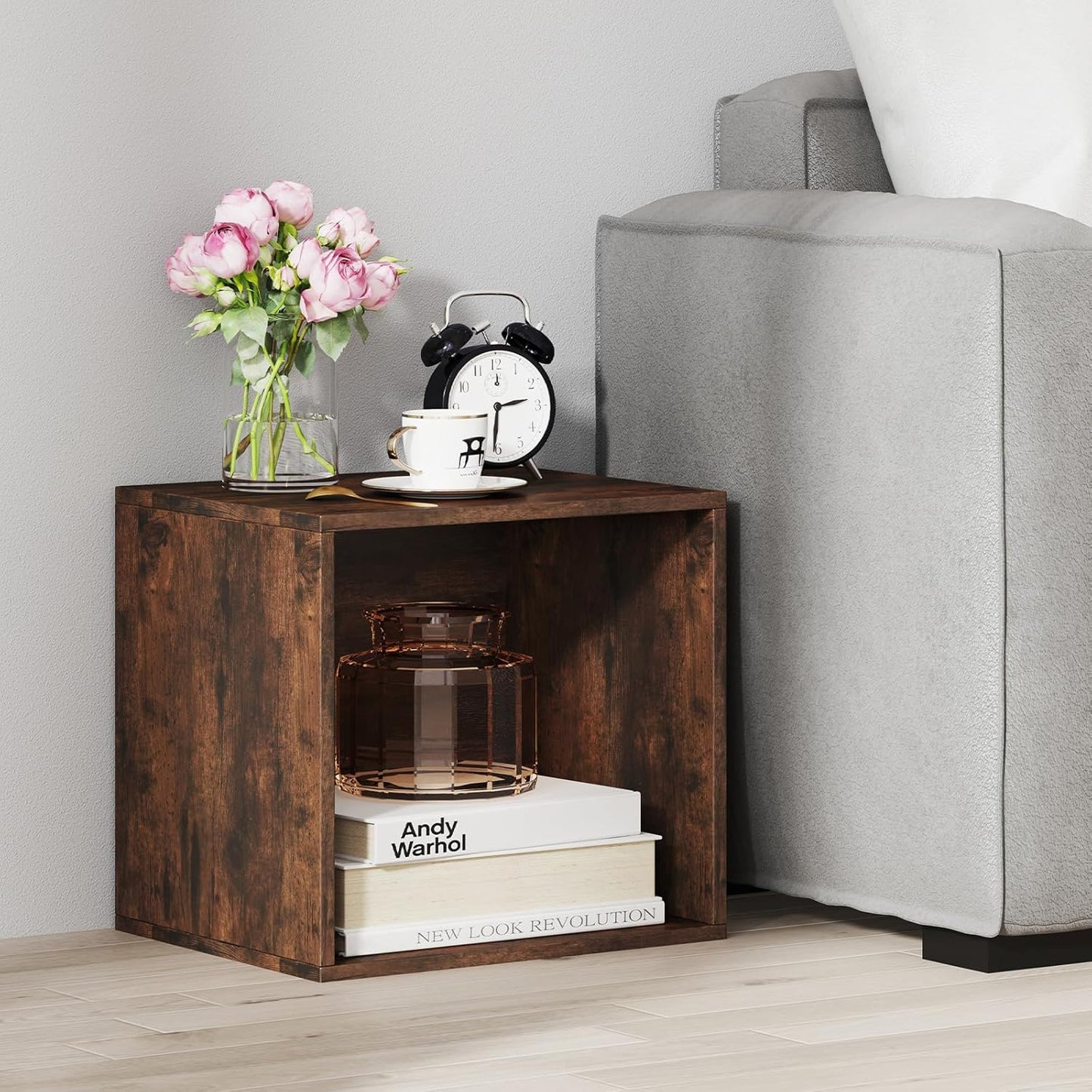 Stackable Cube Bookshelf, Modular Cubby Storage Organizer, Small Bookcase for Small Spaces, Combination Cubical Shelf, Wooden Display Shelving Unit (Rustic Brown, 1-Cube)