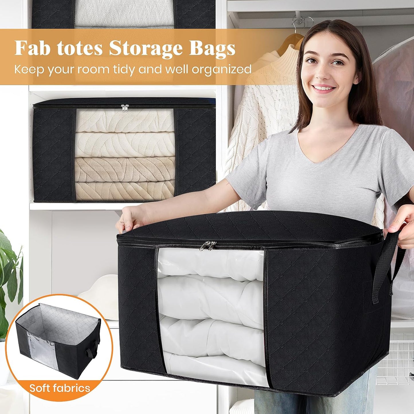 Fab totes Storage Bags,Clothes Blanket Storage Bins Foldable Closet Organizers with Reinforced Handle for Home Dorm Storage and Organization,Fabric Bags for Organizing Sheets,Clothing (Black,8 Pack)