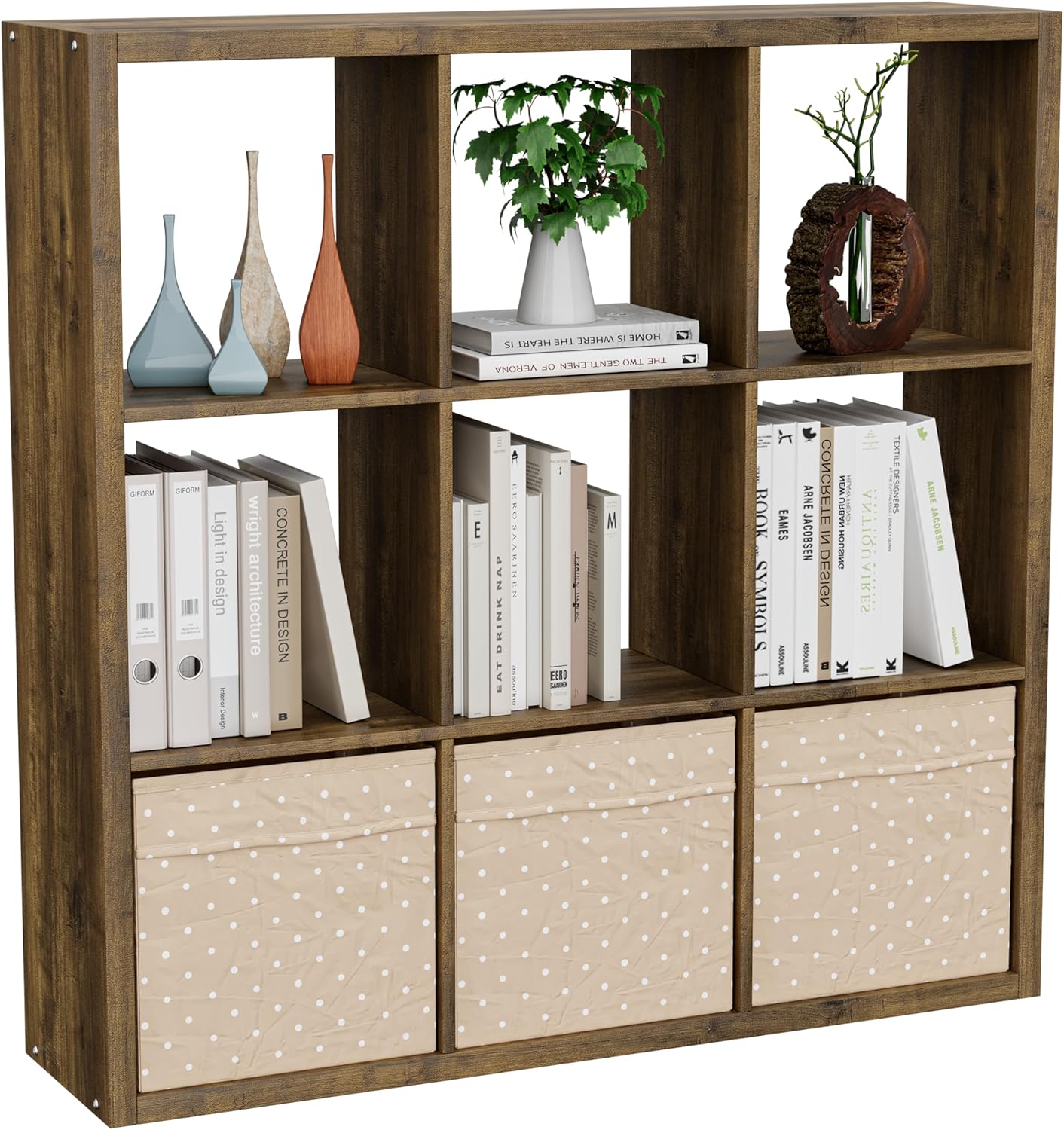 Cube Storage Organizer Bookcase, Decorative 11 inch Open Back Cubical Shelf with Thickened Border, Display Bookshelf for Living Room, Home Office, Sturdy Room (Brown, 9 Cube)