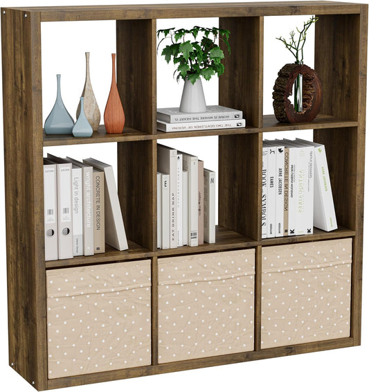 Cube Storage Organizer Bookcase, Decorative 11 inch Open Back Cubical Shelf with Thickened Border, Display Bookshelf for Living Room, Home Office, Sturdy Room (Brown, 9 Cube)