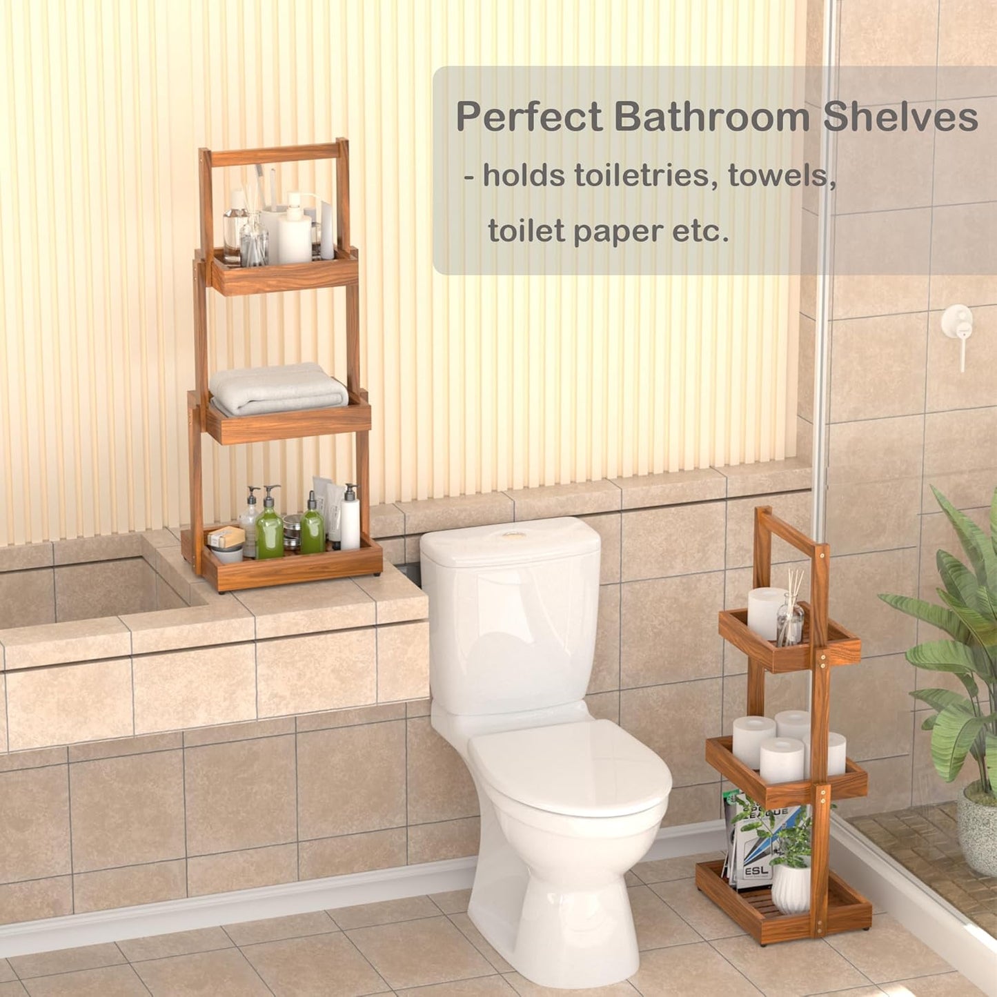 Teak Shower Shelf Bathroom Organizer - 3 Tier Multipurpose Shower Caddy with Non-Slip Base, Rustproof Durable Standing Towel Rack Toilet Paper Roll Holder for Bathroom Livingroom