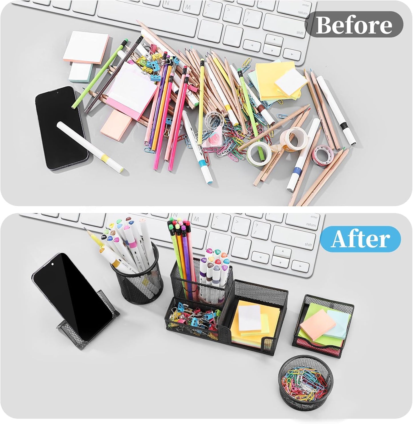 Mesh Pen Holder for Desk Pencil Holders 5 Pieces Desk Organizer Office Supplies Caddy with Sticky Notes Holder for Office School Home Black