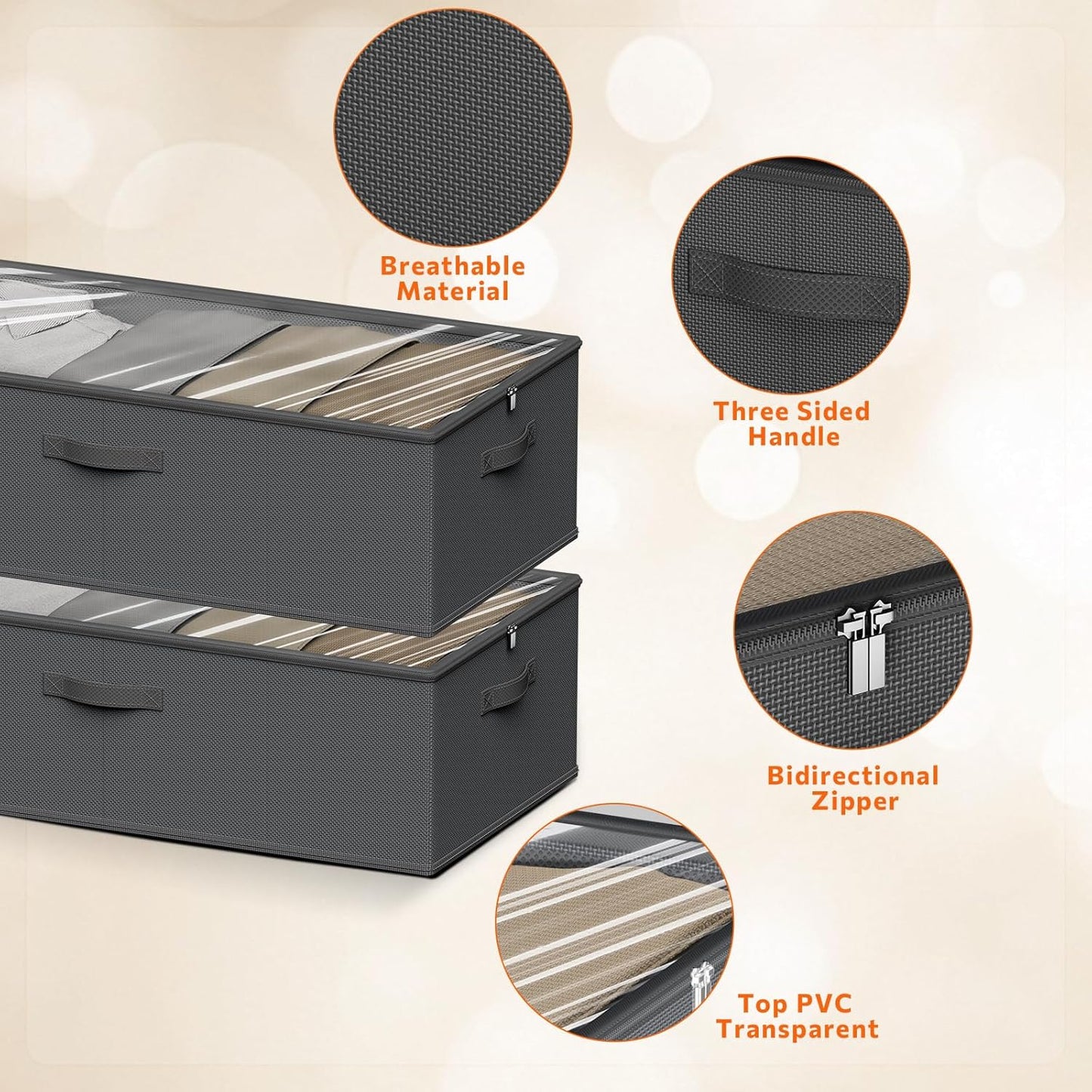 2 Pack Under Bed Storage Containers, 10 Inch Tall Underbed Clothes Storage Organizer Bin with Clear Window，Foldable Box Basket for Clothes, Closet, Bed Sheets and Blankets Black