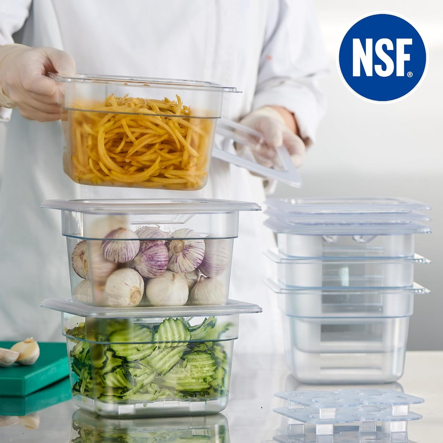 CURTA 6-Pack 1/6 Size 4" Deep NSF Polycarbonate Food Pans with Handled Lids & Drain Trays | Dishwasher & Freezer Safe Clear Container for Prep Tables, Buffet, Salad Bar, Commercial Kitchen