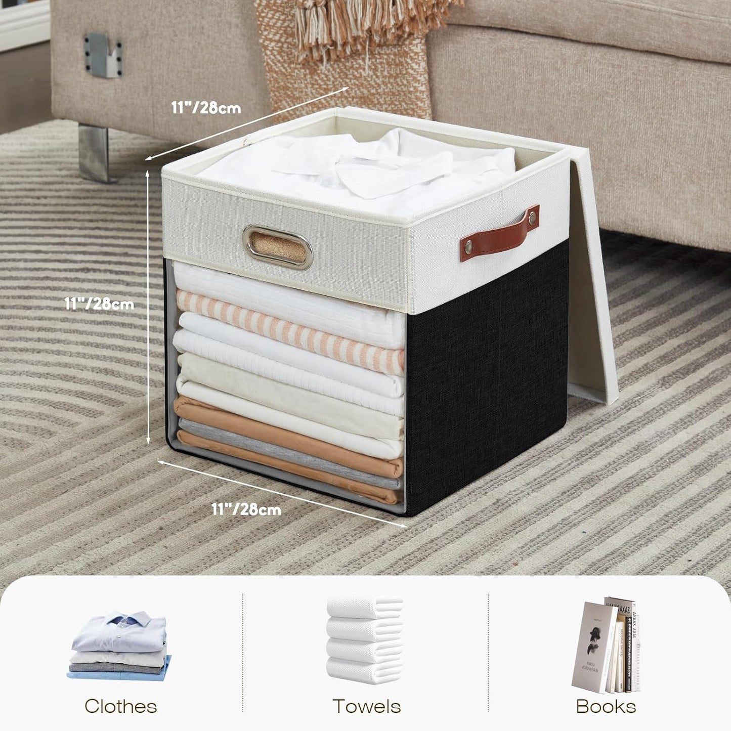 Fabric Storage Cubes with Clear Windows and Lids 11'' Foldable Storage Bins with 3 Handles, Decorative Storage Boxes for Home, Bedroom, Closet, Office (Balck & White)