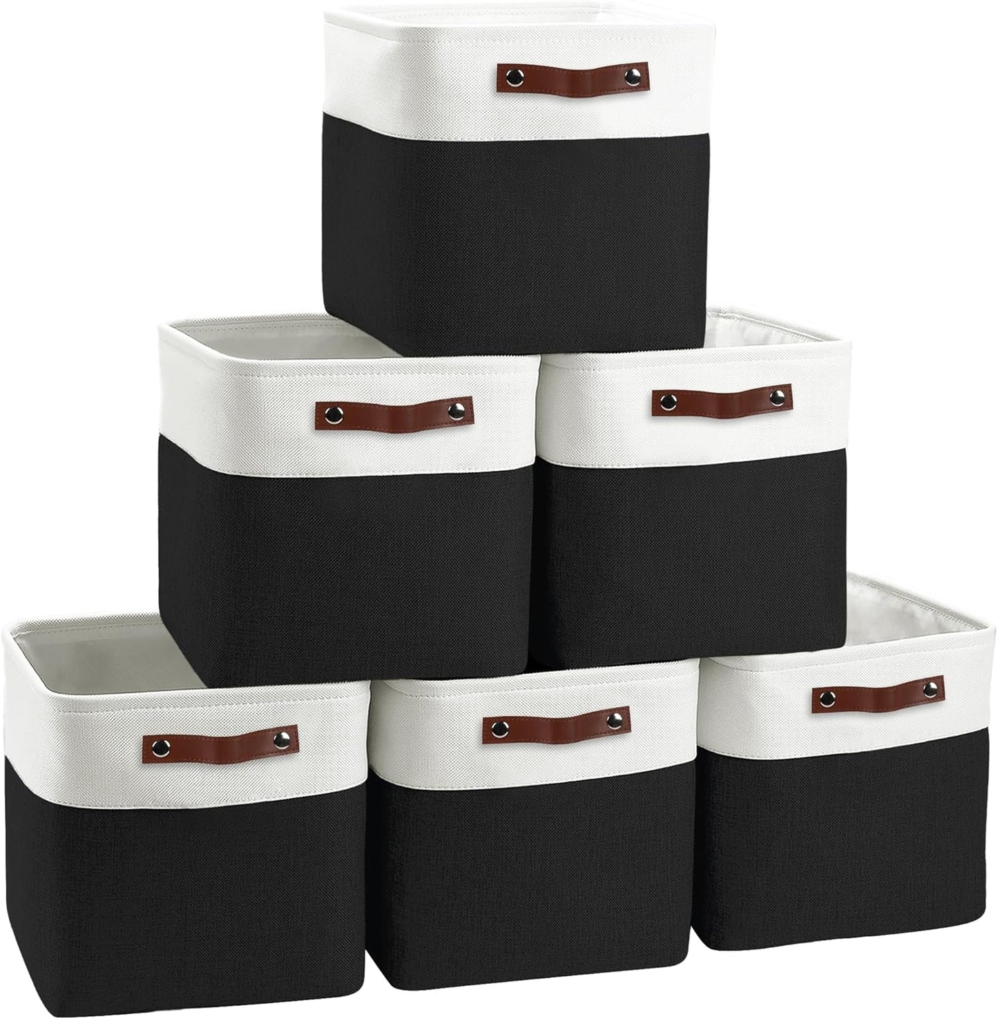 Cube Storage Baskets 6 Pack, 11x11 inch Foldable Cube Storage Bins with Leather Handles for Shelf Closet Nursery Toys (White/ Black)
