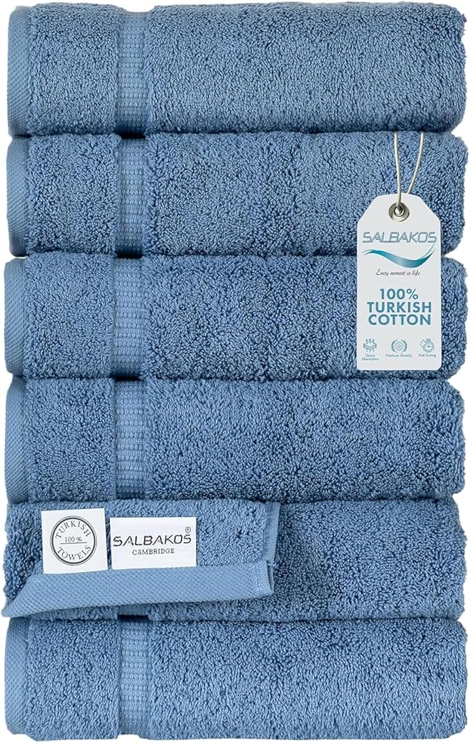 SALBAKOS 100% Turkish Cotton Hand Towel Set of 6 16x30 inch | Heirloom Quality | Hotel & Spa Collection | Ultra Soft, Super Absorbent, Long Lasting Hand Towels | Made in Turkey (Blue, 6 Hand Towels)