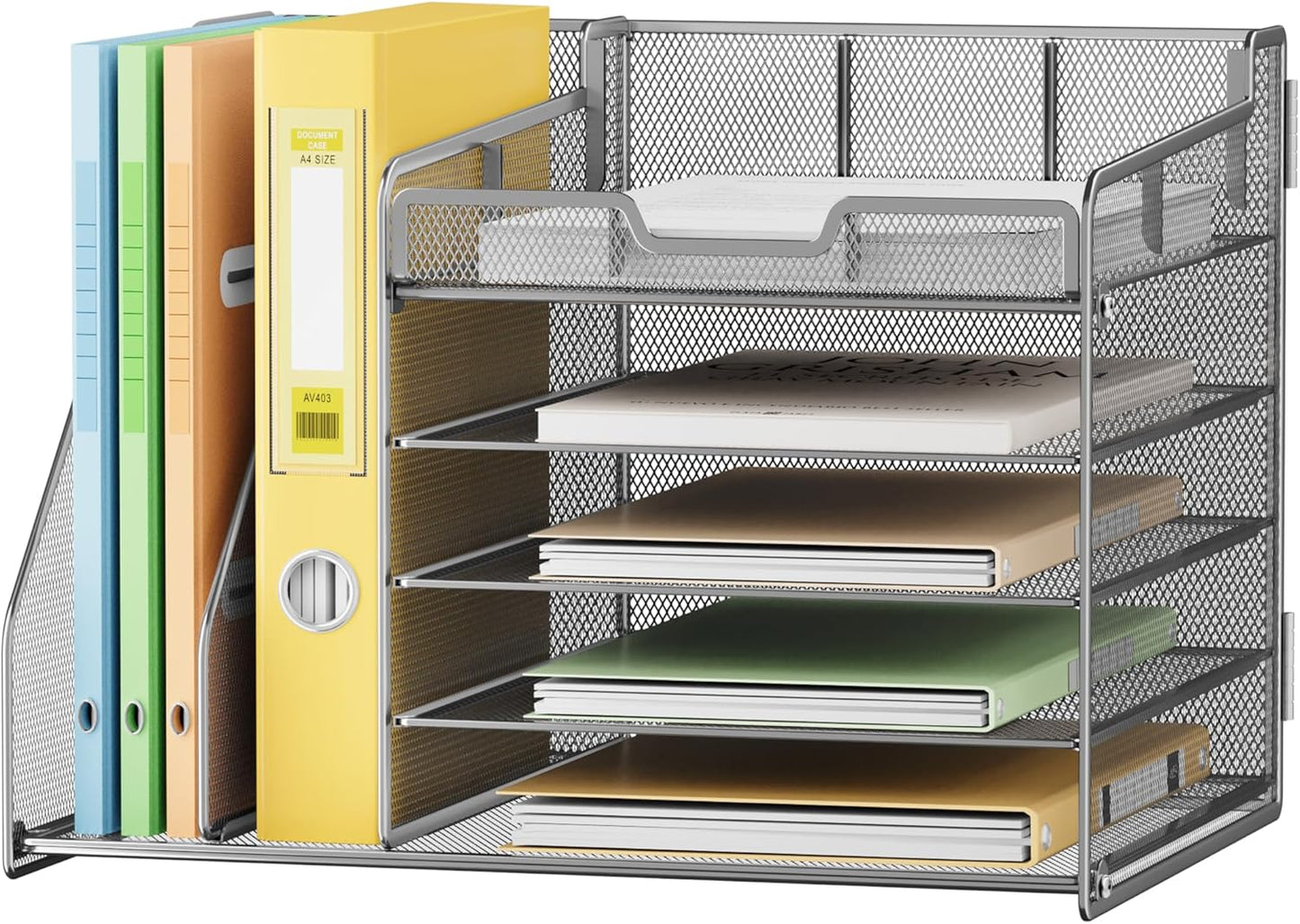 Lavatino 5-Tier Metal Mesh Desk Organizer with 2 File Holders & 7 Customizable Compartments | Paper Letter Tray for Office or Home Desk Storage | Keep Workspace Supplies Neat & Organized, Silver