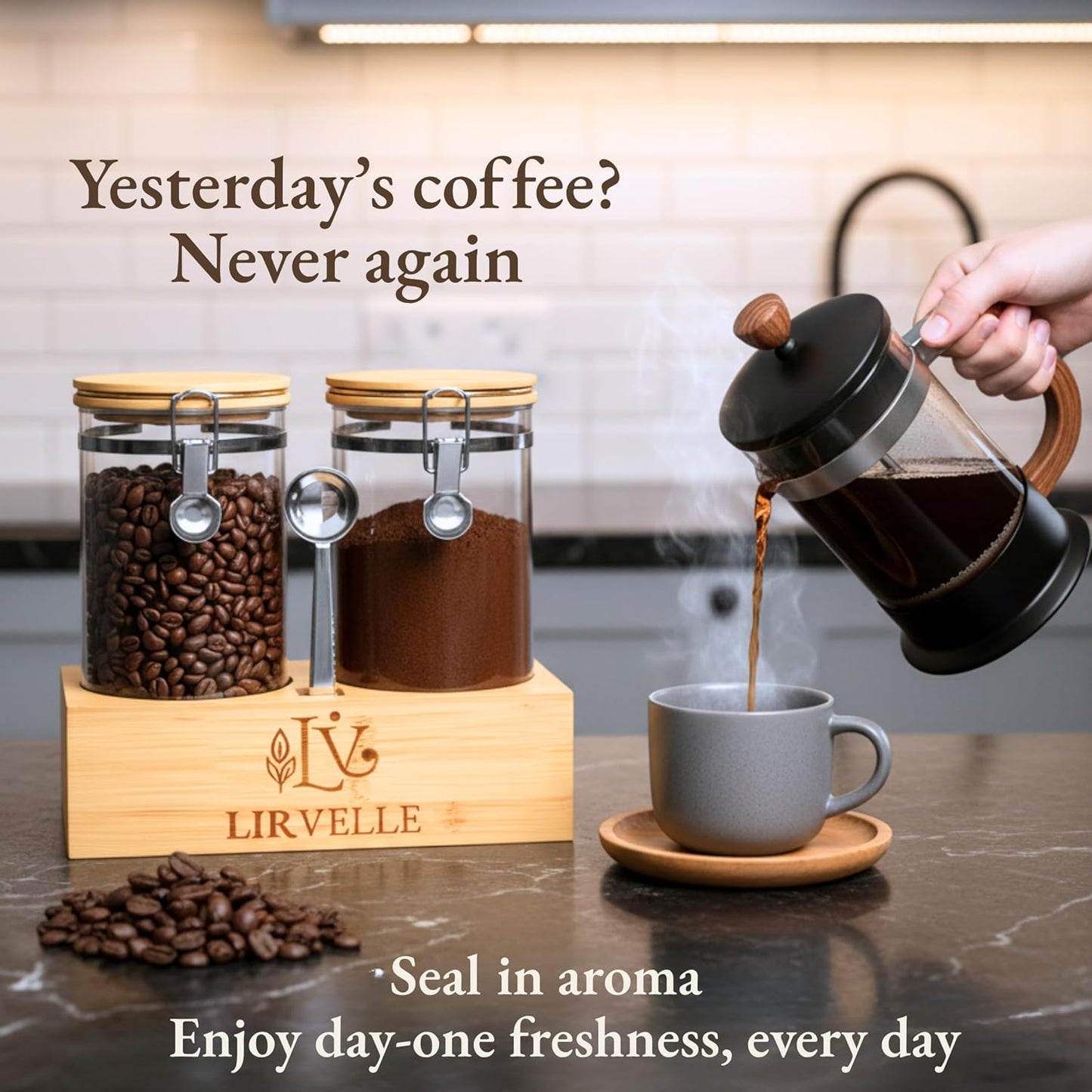 Airtight Coffee Canister with Scoop | Curated Glass Storage Set for Beans, Grounds & Sugar | 9-Piece Ritual Organizer with Bamboo Base, Versatile Artisan Spoon, Labels & Cleaning Brush