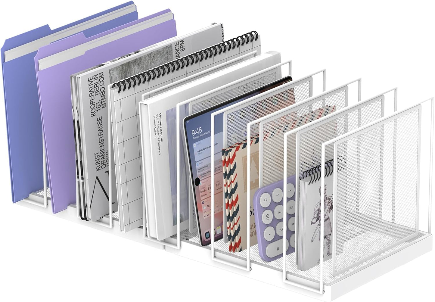 9-Section Desk File Organizer, Vertical File Holder, Mesh Desktop File Folder Metal File Organizer Stand for Office Home Classroom, White