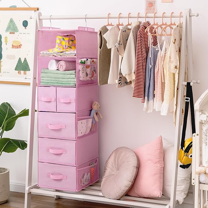 GRANNY SAYS Hanging Closet Organizers and Storage, 6 Shelves Closet Hanging Organizer with 6 Side Pockets, 5 Drawer Storage Organizer, Portable Hanging Shelves for Baby Closet, Pink Shelf