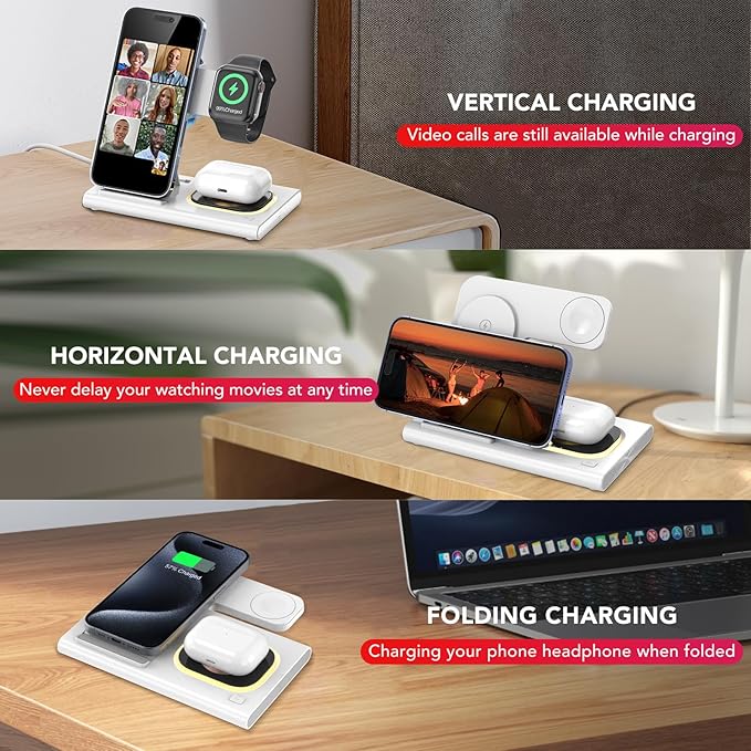 3 in 1 Foldable Charging Station for Apple Products,Wireless Charger for iPhone 17 16 15 14 13 12 Pro Max,Travel Dock Adapter&Light for iWatch Series 11 10 9 Ultra 3/2 SE 3/2,for AirPods 4 3 2 Pro 3/2