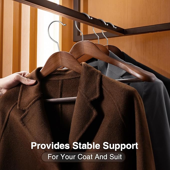 Coat Hangers 10 Pack Suit Hangers for Men for Women,Wide Shoulder Wooden Hangers with Retotating Hooks & Non Slip Pants Bar,Smooth Finish Suit Hanger for Sweater, Pants, Heavy Clothes(Walnut)