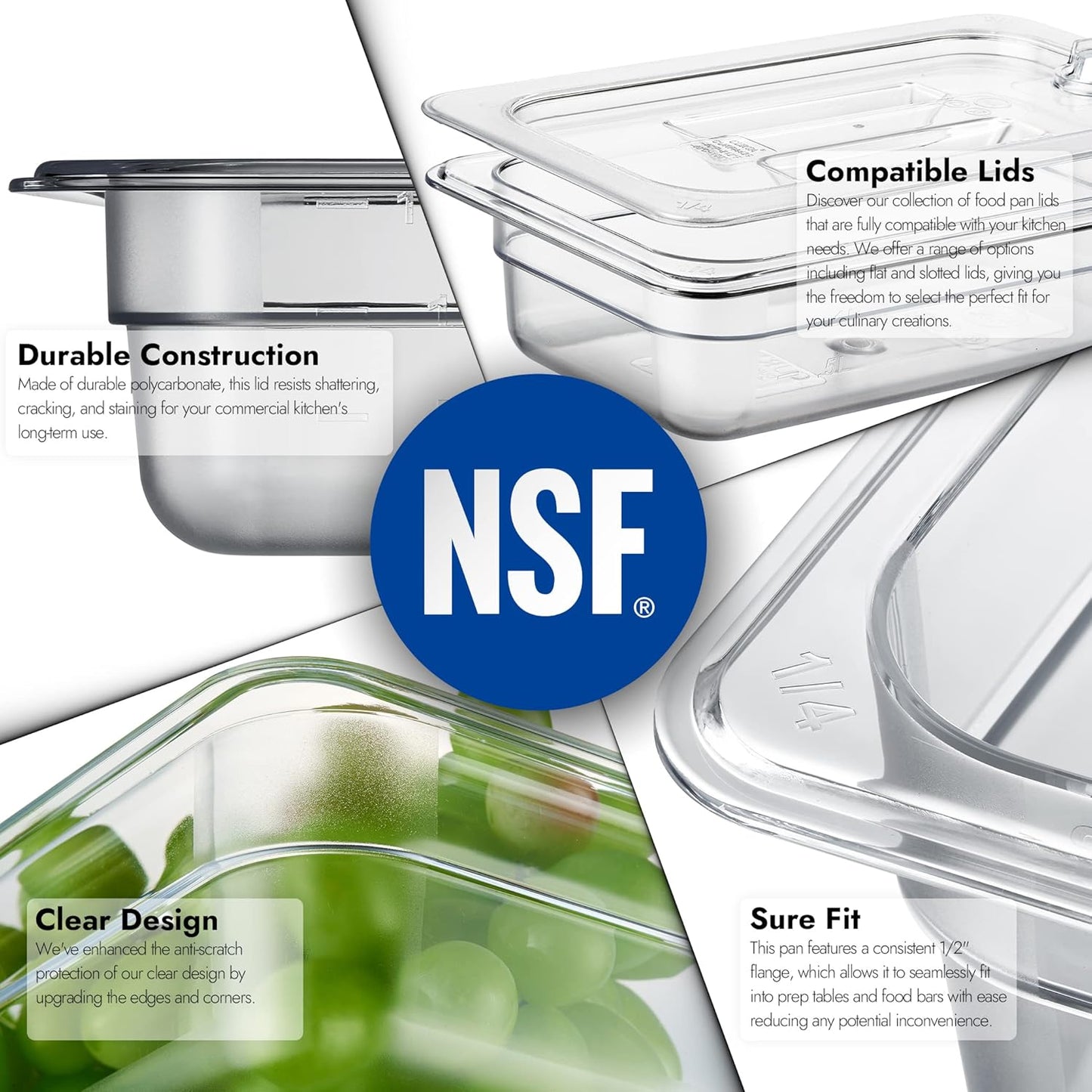 CURTA 6 Pack NSF Food Pans, 1/4 Size 2 1/2 Inch Deep, Commercial Polycarbonate Plastic Clear Freezer-Safe