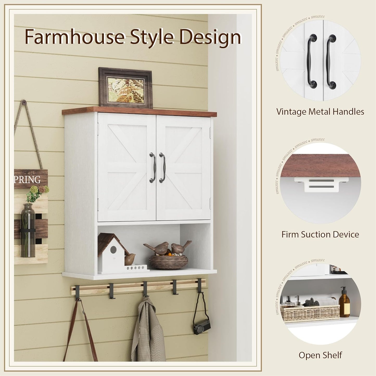 Smuxee Farmhouse Wall Mounted Cabinet, White Small Medicine Cabinet with Adjustable Shelf, for Bathroom, Living Room, Laundry Room