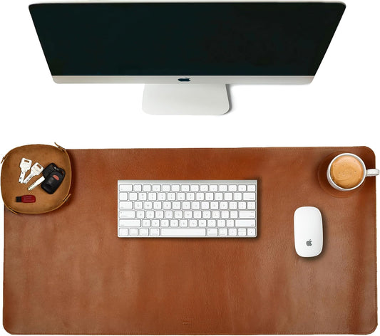 LEATHER VILLAGE -32X16 Real Leather Desk Mat for Desktop & Laptop, with Leather Tray & Tea Coaster, 3mm Thick Desk Cover-Protector-Blotter- Tan Color