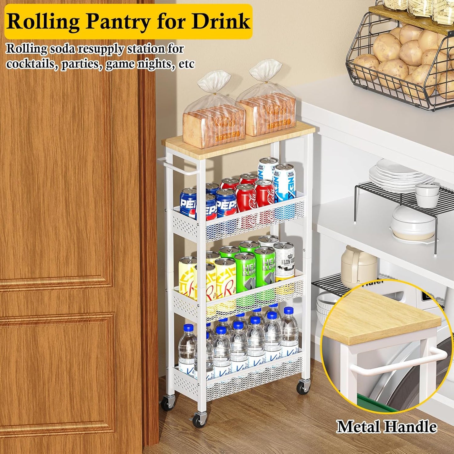 Utility Slim Storage Cart, 4 Tier Small Rolling Kitchen Laundry Room Cart with Wood Top, Metal Narrow Bathroom Storage Cabinet Mobile Shelf Unit Organizer Trolley with Handle for Narrow Space