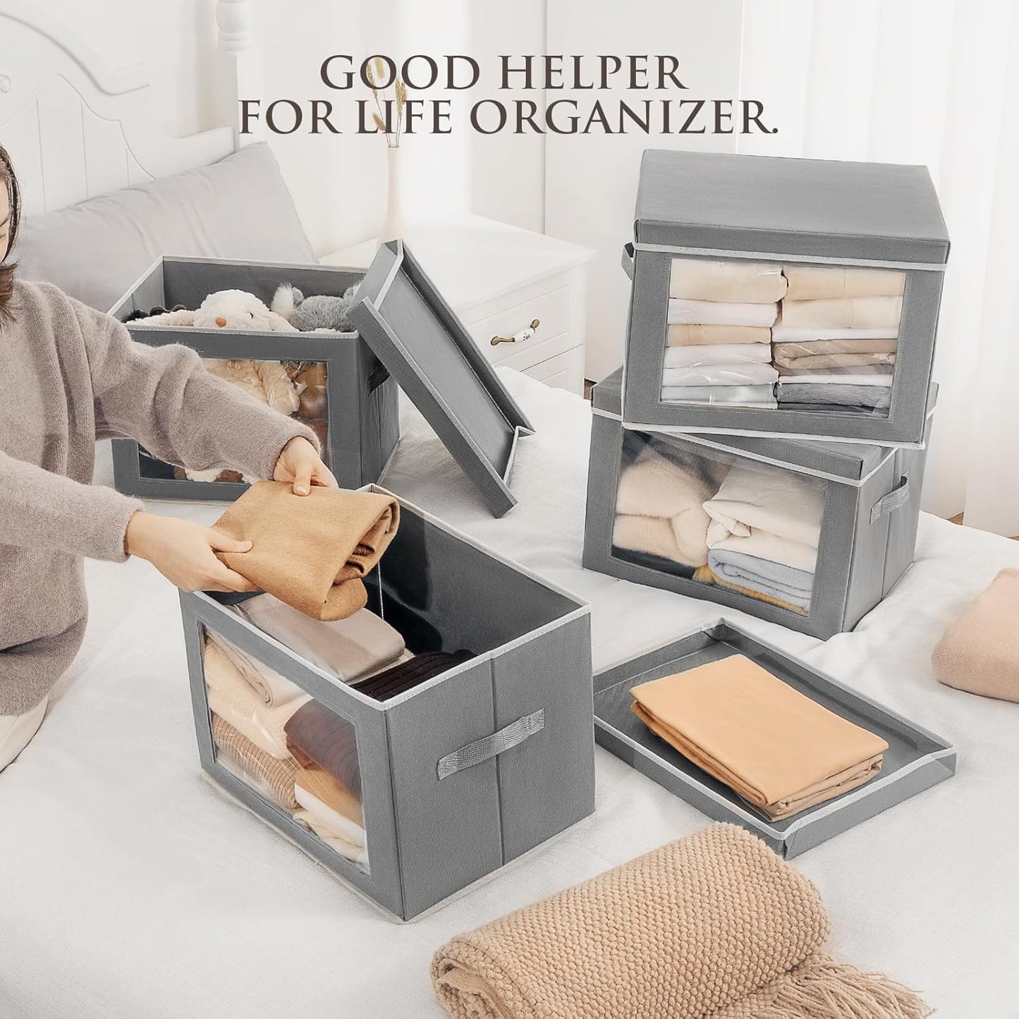 Storage Bins with Lids, 3 Pack Large Storage Cubes with Window, Closet Bins with Lids & Handles, Fabric Box for Organizing Clothes, Towels, Books, Grey