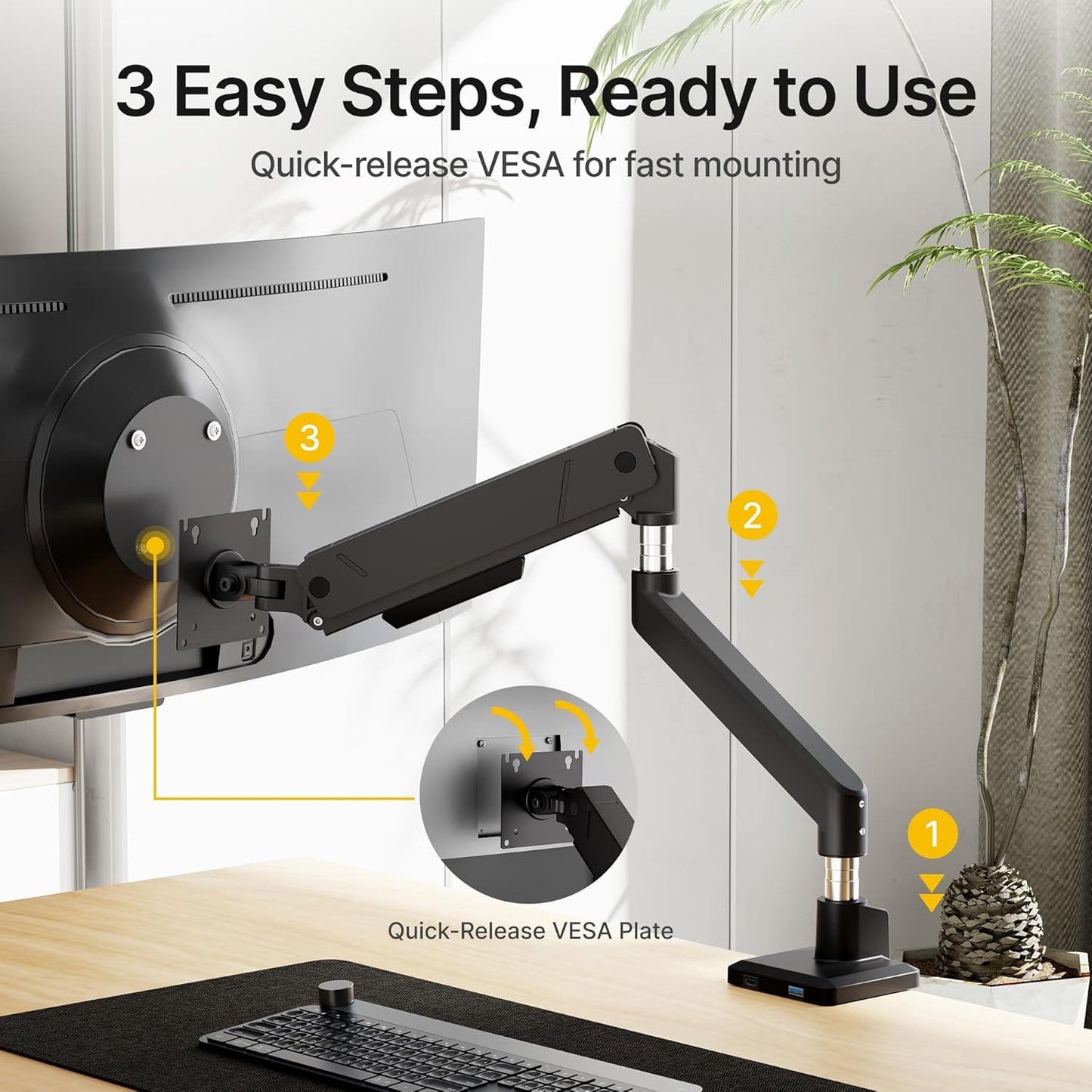 monTEK Single Monitor Arm with USB for Max 45 Inch Ultrawide Screens Adjustable Monitor Desk Mount Holds 35 Lbs Cable Management with C Clamp/Grommet Desk Mount, VESA 75/100mm, MA1007UCBK