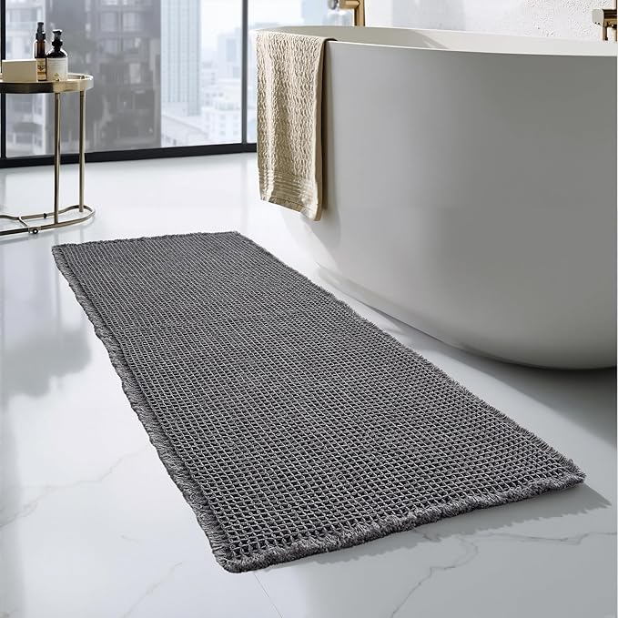 KGORGE Waffle Bath Mat, Ultra Soft 60" X 24" Super Absorbent Long Bathroom Rug with Tassels, Non Slip Farmhouse Floor Cover Quick Dry Large Rugs for Bathroom Shower Tub Toilet Kitchen, Grey, 1pc