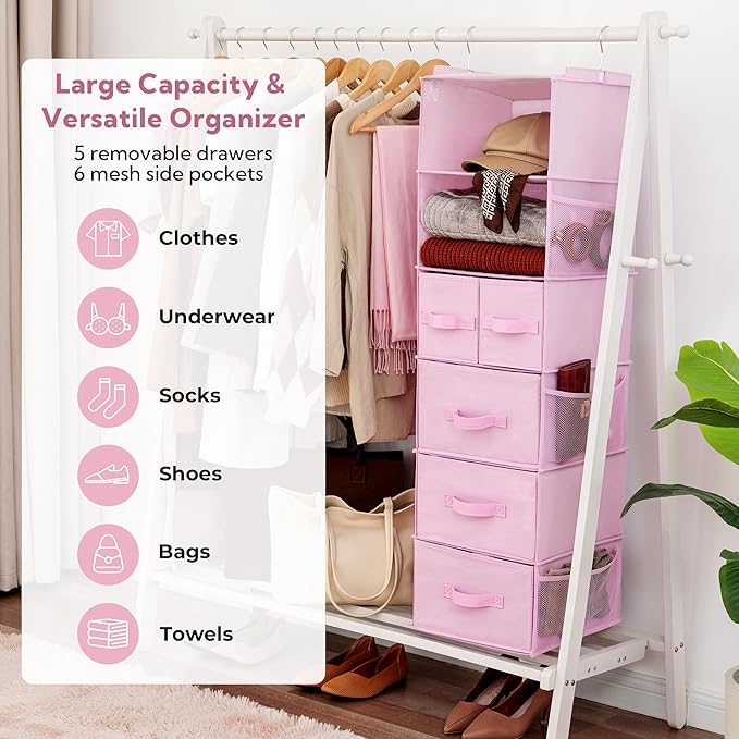 GRANNY SAYS Hanging Closet Organizers and Storage, 6 Shelves Closet Hanging Organizer with 6 Side Pockets, 5 Drawer Storage Organizer, Portable Hanging Shelves for Baby Closet, Pink Shelf