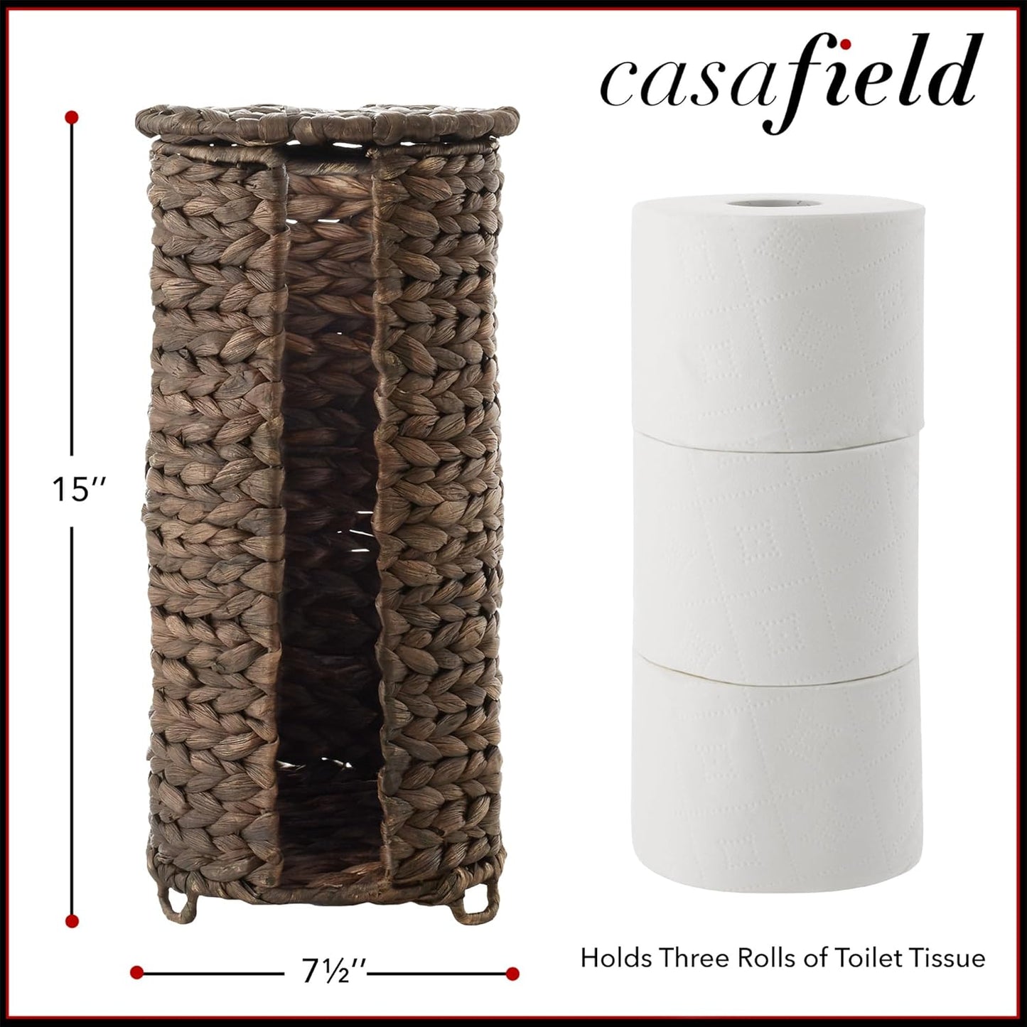 Casafield Free Standing Toilet Paper Storage Roll Holder with Lid - Espresso, Fits 3 Rolls, Water Hyacinth Bath Tissue Organizer for Bathroom