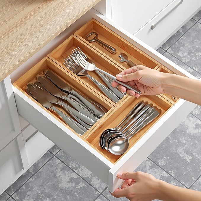 Bamboo Drawer Organizer Set, 5 PCS Wooden Storage Trays for Kitchen, Bathroom, Office, Makeup