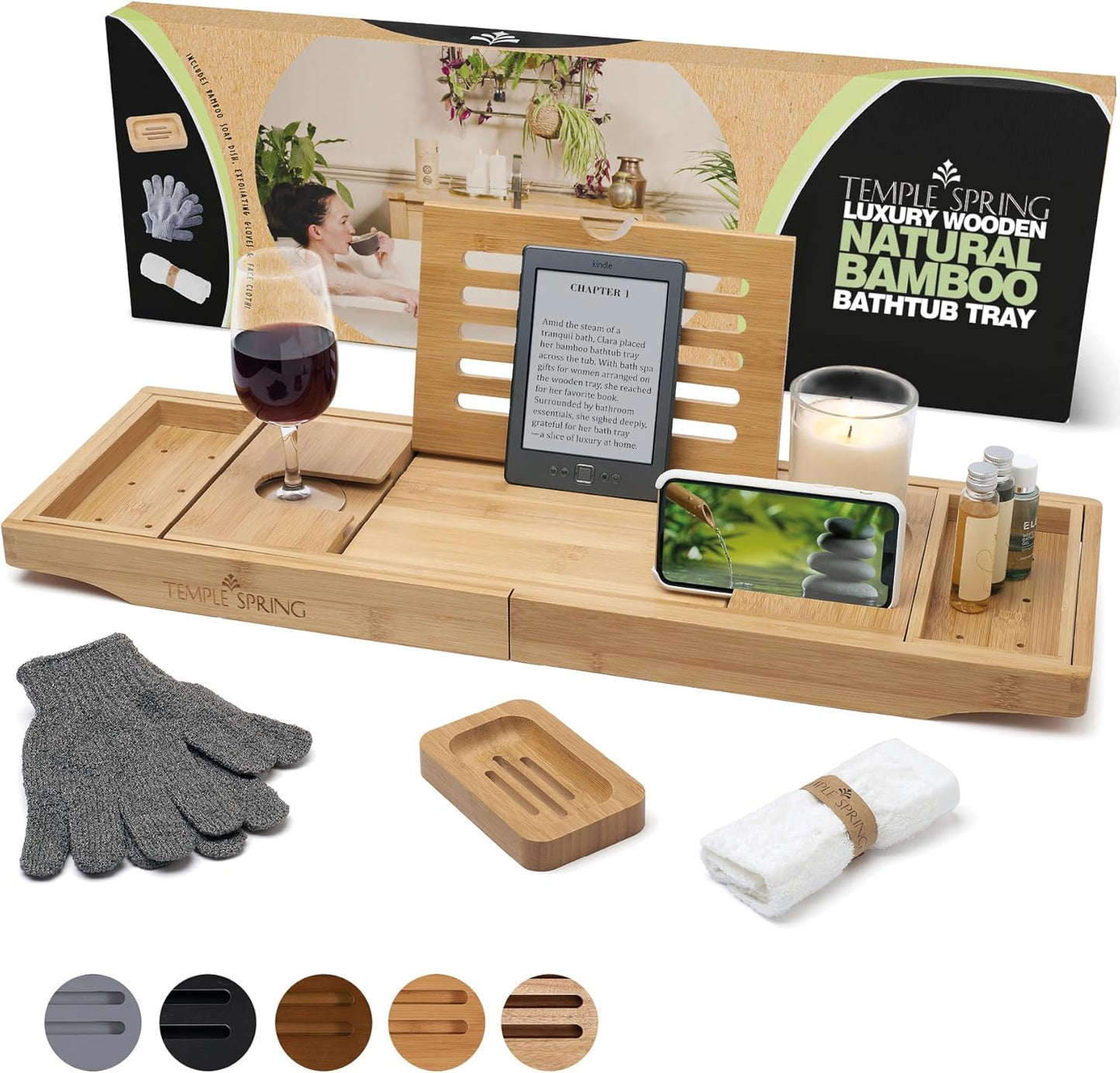 Temple Spring Wooden Bathtub Tray, Bamboo Bathroom Accessories, Bath Tray for Tub, at Home Spa Essentials, Board for Tub Table, Bath Caddy for Bathtub Accessories & Bathroom Essentials – Natural