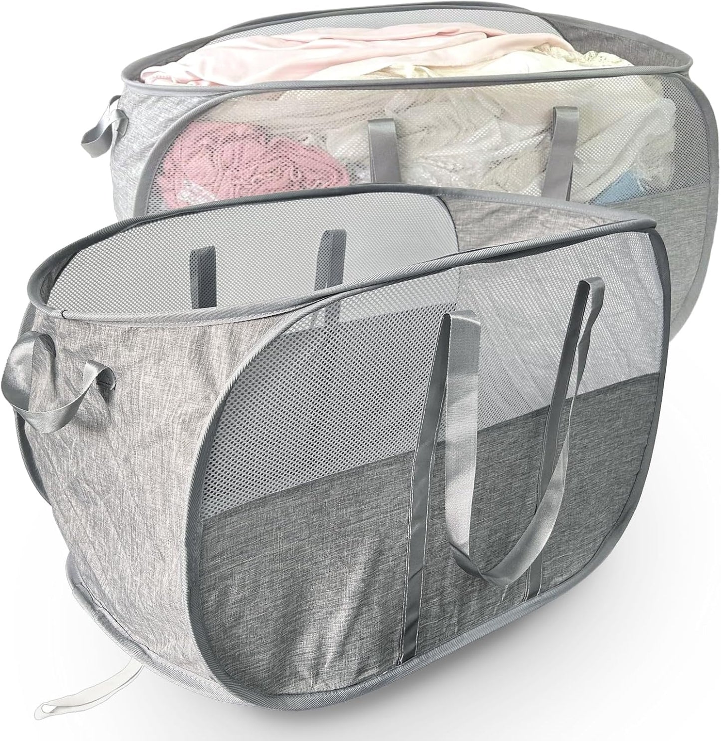 100L Collapsible Laundry Baskets 2 Pack, Extra Large Mesh Pop Up Laundry Hamper, Dirty Clothes Hamper with Reinforced Handles, Folding Hampers for Travel. Dorm or Home Portable Laundry Baskets. Grey