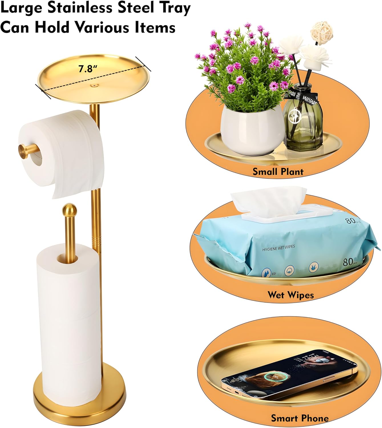 Noonext Gold Toilet Paper Holder with Shelf, Freestanding Toilet Paper Holder with Big Tray for Bathroom, Heavy Base No Tipping Over (Stainless Steel, Gold)