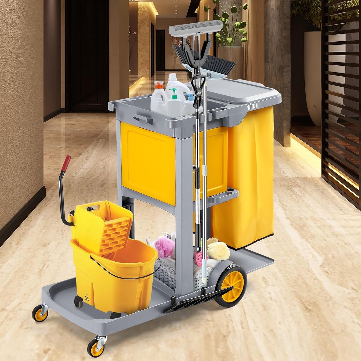 TUFFIOM Multifunctional Janitorial Cart with Key-Locking Cabinet,Cleaning Carts on Wheels,with 15 Gallon Collection Bag,500 lbs Capacity, Yellow&Gray