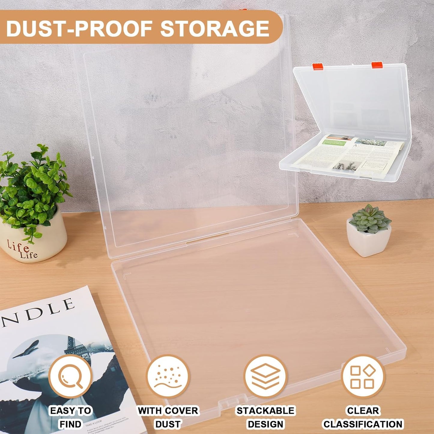 Scrapbook Paper Storage Box 12.7 x 12.4 x 1 Inch Clear Plastic Organizer for Craft Letter Paper Cardstock Documents Office School Supplies, 4 Pack