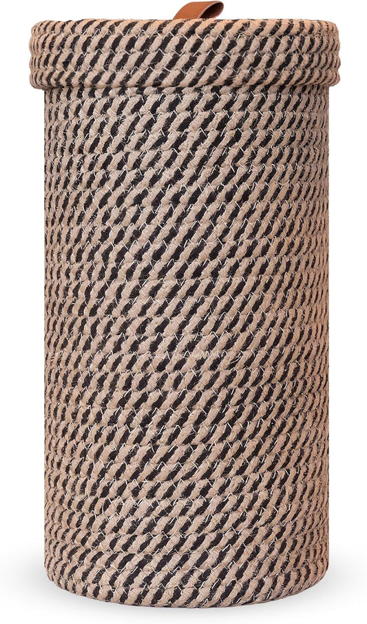 Handmade Cotton & Jute Toilet Paper Holder – Woven Toilet Paper Stand & Storage Basket with Lid, Freestanding Organizer for Bathroom, Fits 3 Rolls