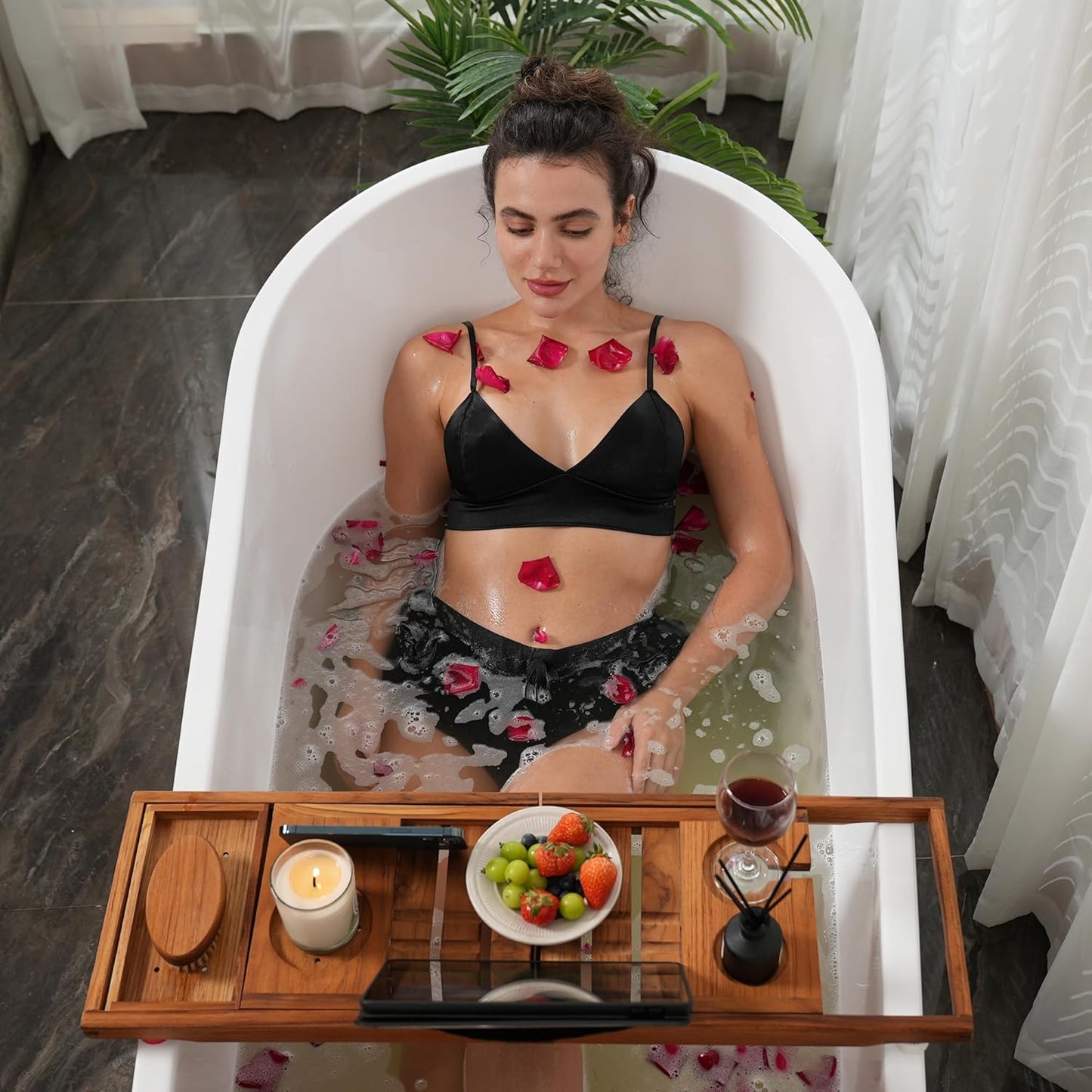 Utoplike Teak Bathtub Caddy Tray Bath Tray for Tub, Unique Bathtub Organizer with Book Tablet Wine Glass Cup Towel Holder, Adjustable, for Your Loved