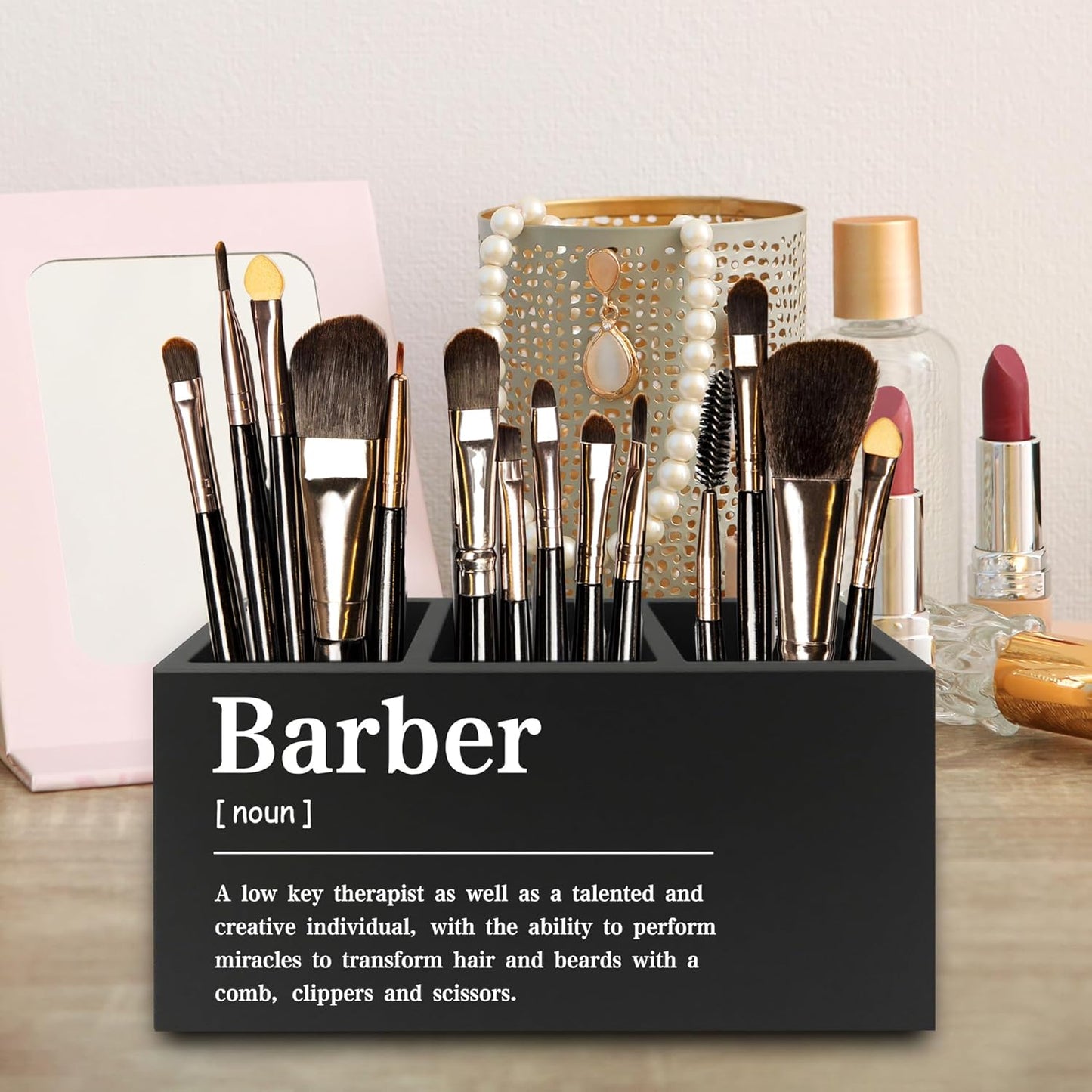 Barber Definition Pen Pencil Holder Organizer for Desk, Salon Barbershop Decor, Modern Minimalist Barber Shop Wooden Box Signs Decorations for Home Office Desk Tabletop