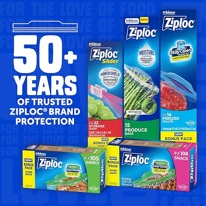 Ziploc Quart Food Storage Freezer Bags, 152ct Total, Stand-Up Bottom, Easy to Fill, 38 Count, 4 Pack (Packaging May Vary)