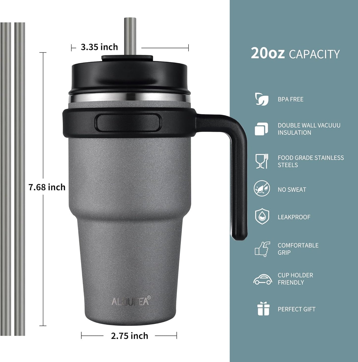 ALOUFEA 20 oz Insulated Coffee Mug Tumbler with Handle, Stainless Steel Travel Mug Tumbler with Lid and Straw, Double Wall Vacuum Leak Proof Ice Coffee Thermal Cup, Gray