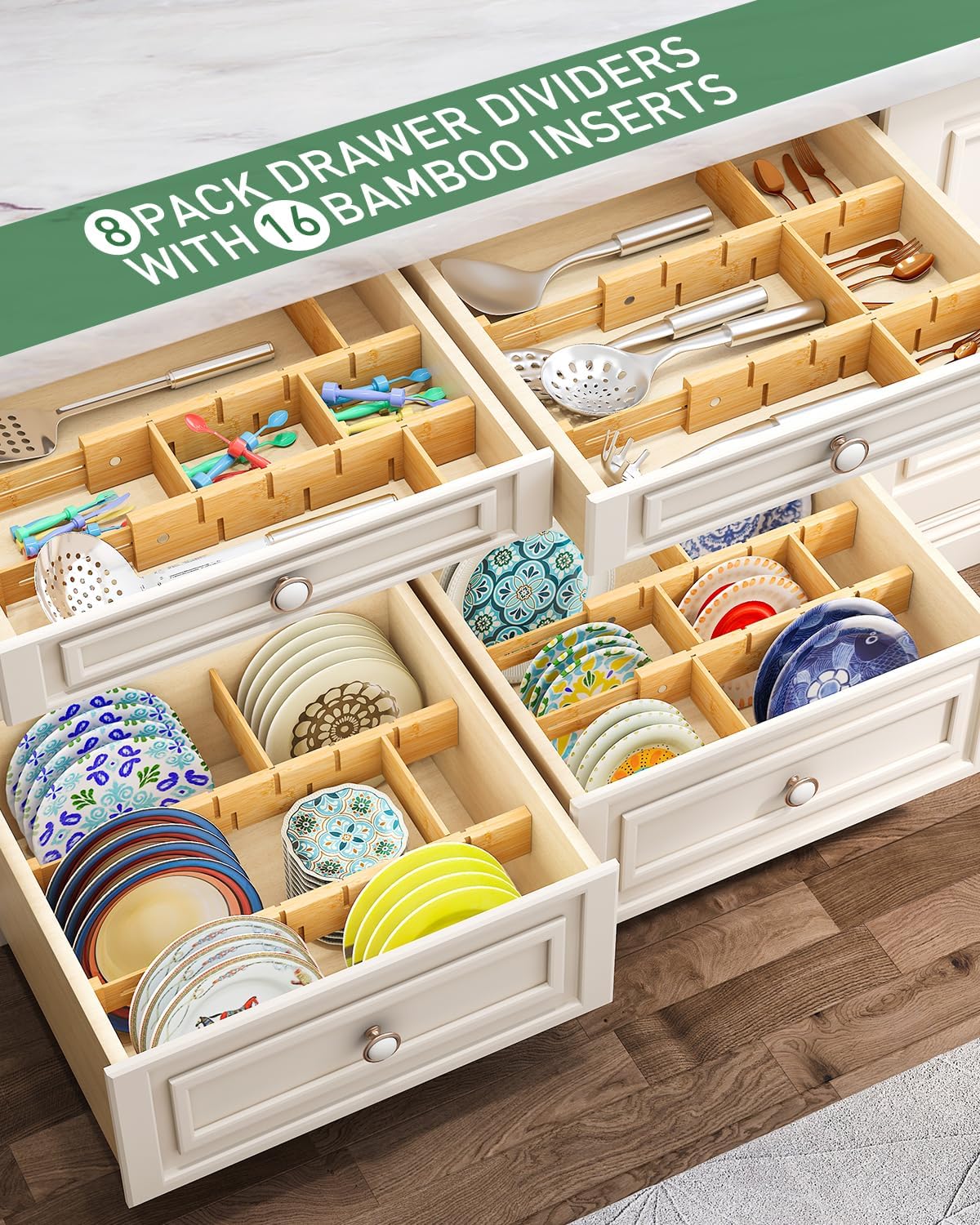 Kitchen Drawer Dividers - Adjustable Drawer Organizer for Clothes, Kitchen, Closet & Office - 8 Pack with Inserts, 13.8-18.8 Inches, Non-Slip Silicone Ends