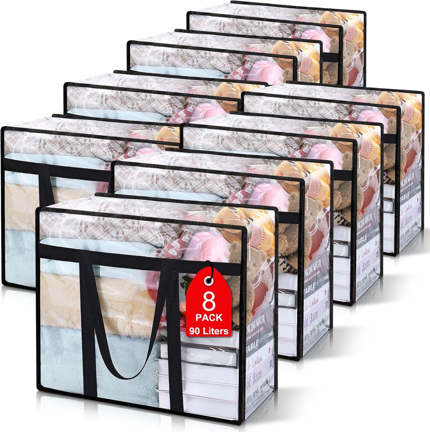 8Pack Clear Blanket Storage Bags, Vinyl Comforter Clothes Storage Closet Organizers and Storage Containers Moving Bags with Reinforced Handle for Bedding, Clothing, Comforters, Pillows, Toys,90L
