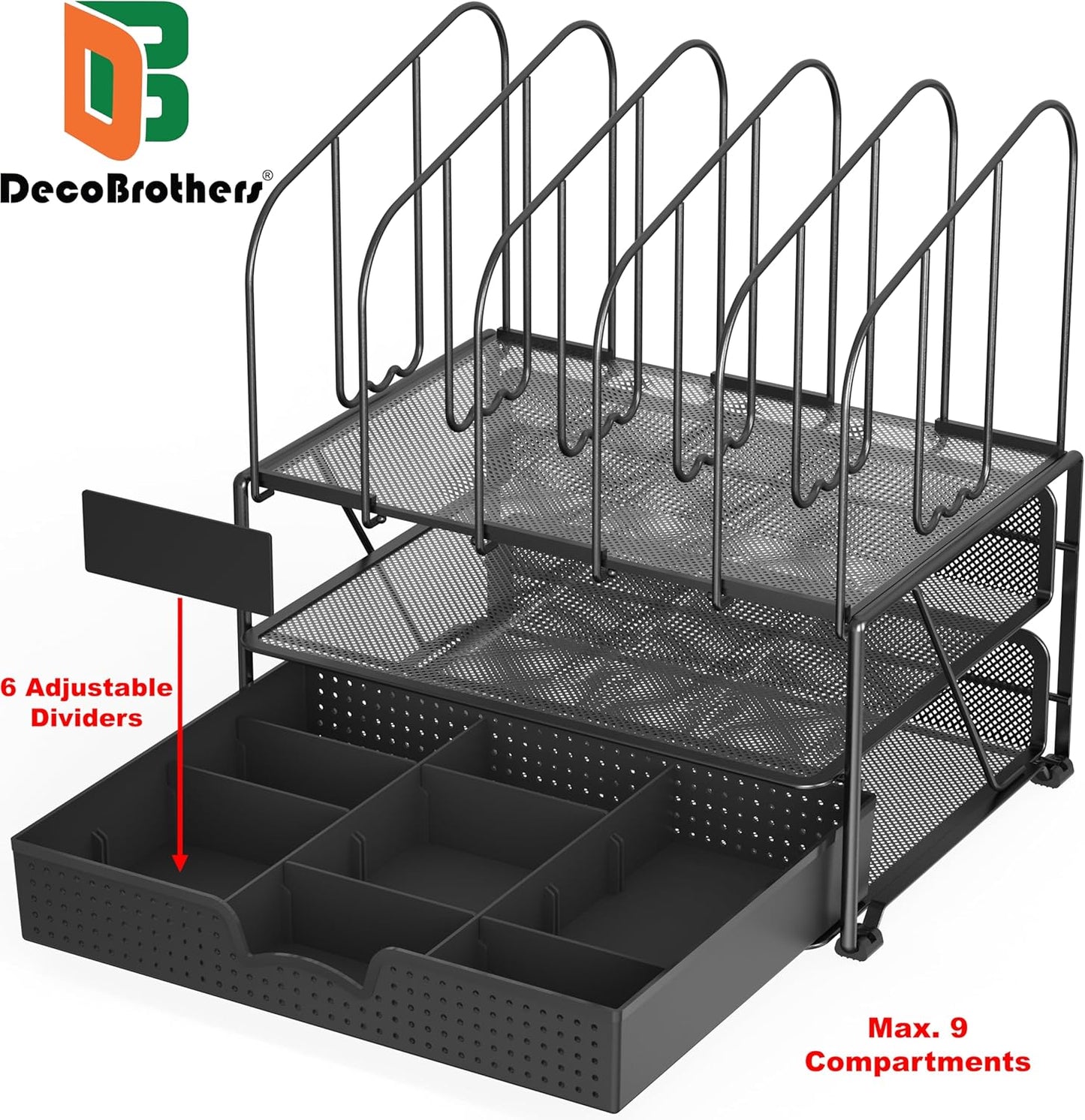 DecoBros Mesh Desk Organizer with Double Tray, 5 Upright Sections and Sliding Drawer, Black