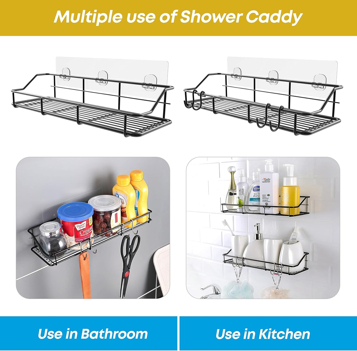 KESOL Adhesive Shower Caddy Shower Shelf Organizer with Hooks, SUS304 Stainless Steel, 2 Pack (Black)