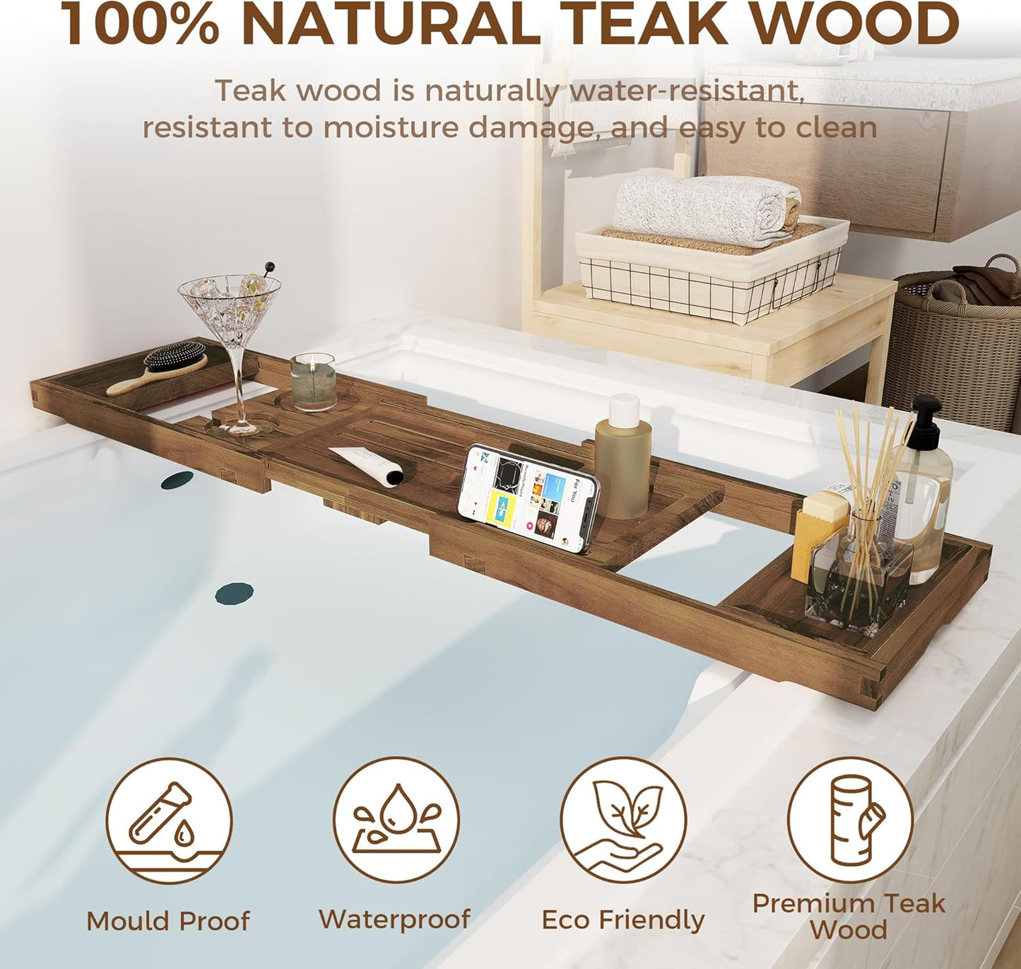 Teak Bathtub Tray - Luxury Bath Tray with Expandable Handles, Wine Glass and Phone Holders, Book Stand - Perfect for Home Spa Relaxation and Reading - Natural Bath Accessories - Dark Walnut Color