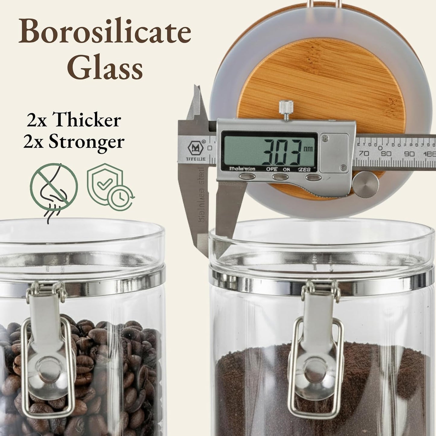 Airtight Coffee Canister with Scoop | Curated Glass Storage Set for Beans, Grounds & Sugar | 9-Piece Ritual Organizer with Bamboo Base, Versatile Artisan Spoon, Labels & Cleaning Brush