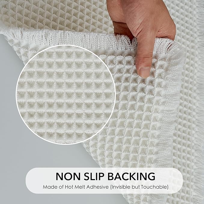 KGORGE Waffle Bath Mat, Non Slip 60" X 24" Long Bathroom Rug with Tassels, Ultra Soft Farmhouse Floor Cover Super Absorbent Large Carpet Rugs for Bathroom Shower Tub Toilet Kitchen, Pure White, 1pc